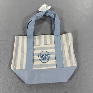 Trader Joe's Mini Canvas Tote Light Blue Cream Striped Limited Edition‎ NWT